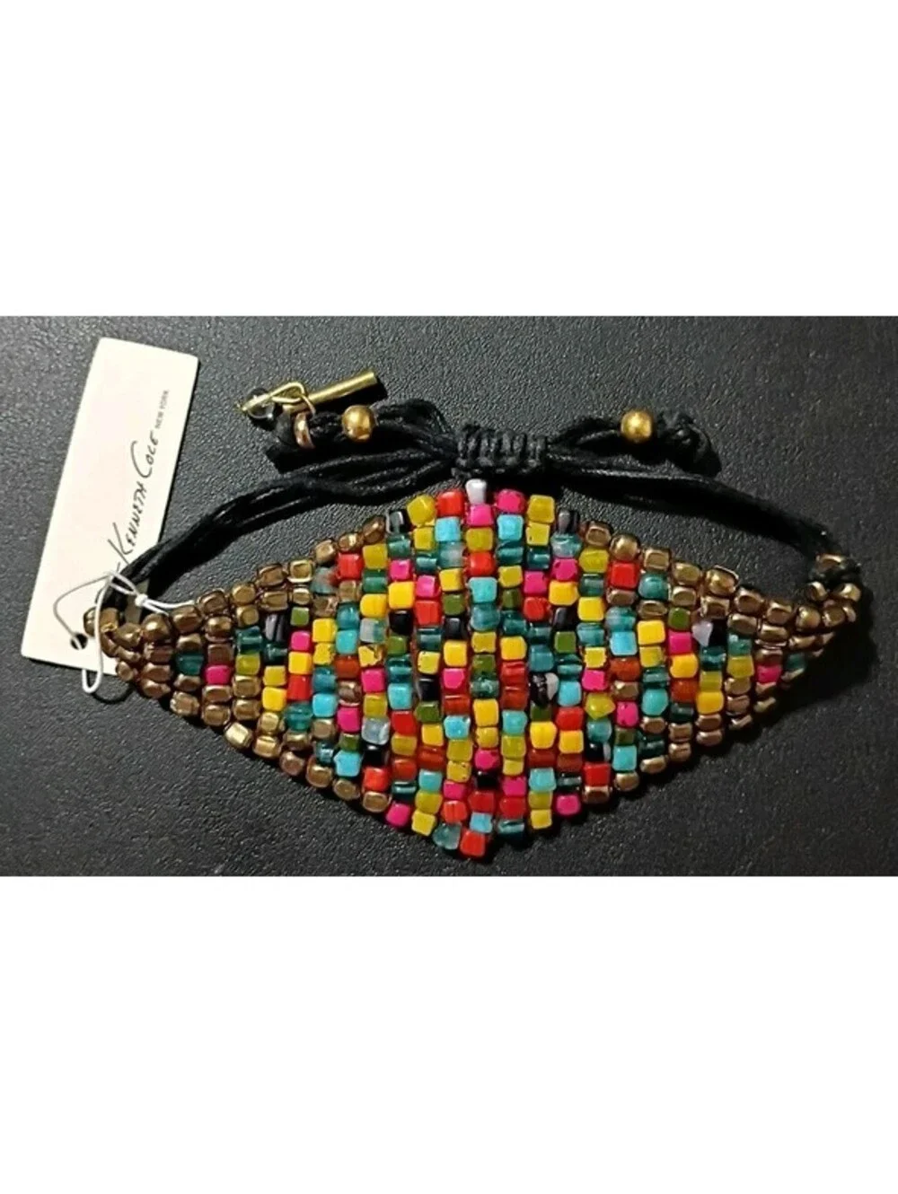 NWT KENNETH COLE Colorful Diamond Beaded Panel Bracelet Signed Gold Black